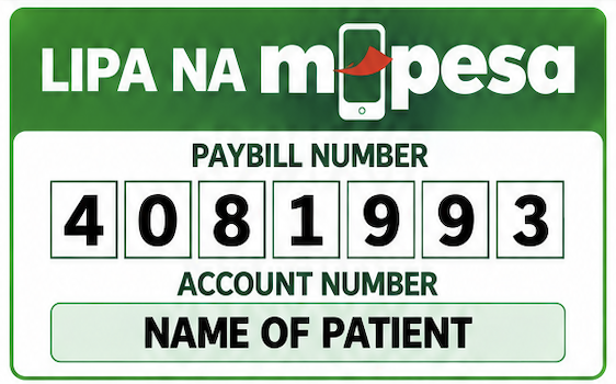 Lipa na M-Pesa Paybill 4081993, account number: name of patient