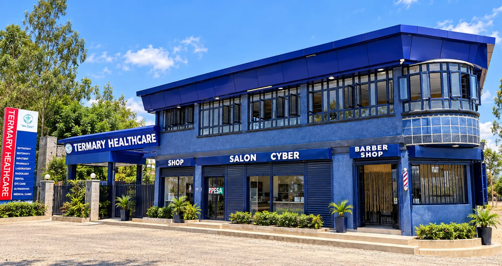 Termary Healthcare entrance with shop, salon, cyber and barber shop signs